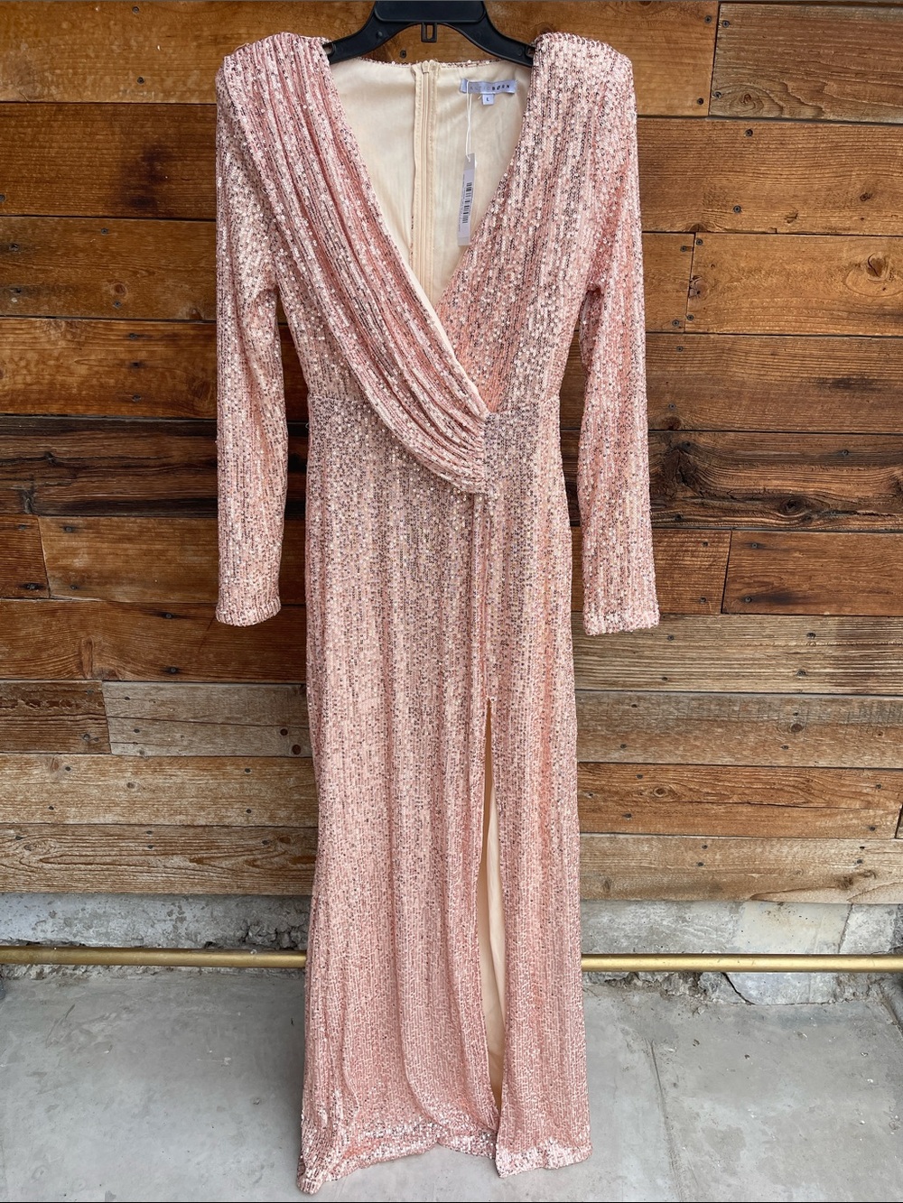 NWT Alticborn Zurich Rose Gold Sequin Gown Long Sleeve Maxi Dress Size L